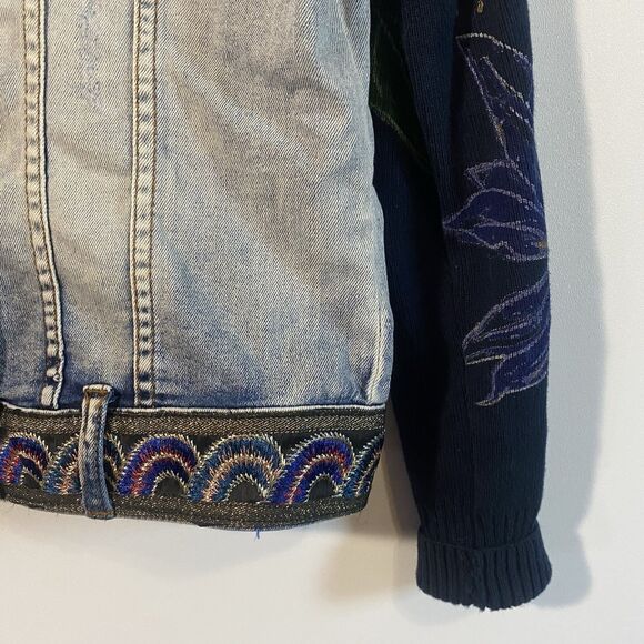 DESIGUAL Denim Jacket Womens EU 36 (US 6) Designer Artistic Knit Sleeve Boho - Picture 11 of 13